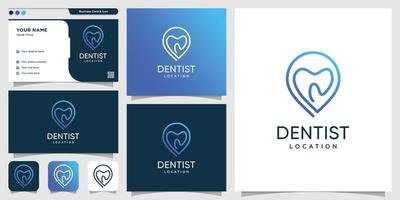 tandheelkundige logo locatie met lijn kunststijl en visitekaartje ontwerpsjabloon, tandarts, tandheelkundige, locatie, zorg, pictogram, premium vector