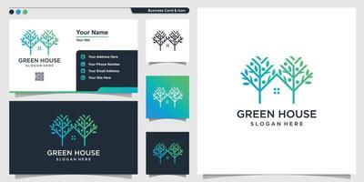 huislogo met groene natuurstijl en visitekaartjeontwerp, boom, blad, logo, premium vector