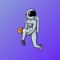 astronaut die planeetbal speelt en slam dunk vectorillustratie maakt vector