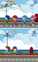 Twee scènes met kinderen op de fiets en vliegeren vector