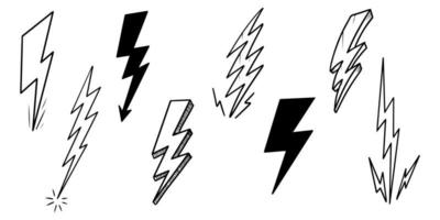 set hand getrokken doodle elektrische bliksemschicht symbool schets vectorillustraties. vectorillustratie. vector