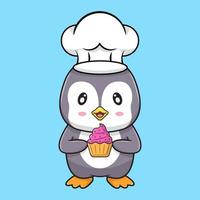 schattige kawaii pinguïn met chef-kok hoed met cup cake vectorillustratie vector