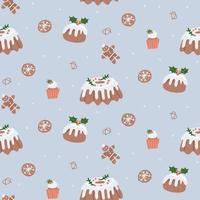 naadloze achtergrond met kerst gebak - pudding, cake, koekjes, cupcake, peperkoek. vector plat hand getekend patroon op lichtblauwe achtergrond