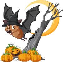 cartoon vleermuis met tovenaarshoed in halloween-thema vector