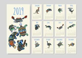 kalender met tribale Australische dieren voor het jaar 2019. vector