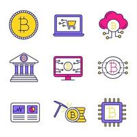 bitcoin cryptocurrency gekleurde pictogrammen instellen. munt, online winkelen, cloud mining, bankieren, bitcoin-webpagina, hashrate, cpu-mining, cryptocurrency. geïsoleerde vectorillustraties vector