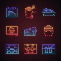 cruise neonlicht pictogrammen instellen. zomer reis. cruiseschepen, reisroutes, loopbanden, excursietickets, online boeken. gloeiende borden. geïsoleerde vectorillustraties vector