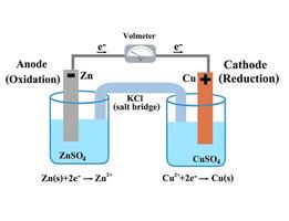 voltaïsche galvanische cel of daniell cell.redox reaction.oxidation and reduction.simple electrochemical.salt bridge voltmeter, anode en cathode.infographic voor chemie science.vector illustratie. vector