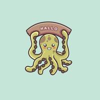 schattig octopus stripfiguur met houten banner vector