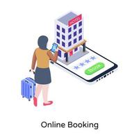 online accommodatie, isometrische illustratie van hotelboeking vector