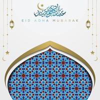 eid adha mubarak mooie arabische kalligrafie islamitische groet met marokko patroon, moskee en halve maan voor achtergrond, banner en wenskaart. vertaling van tekst gezegend festival vector