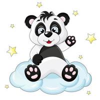 schattige panda zit op een wolk en zwaait met zijn hand vector