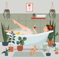 het meisje neemt een bad met schuim en houdt een glas wijn in haar hand. omgeven door potplanten. een vrouw is ontspannen in het bad. badkamer interieur. vector