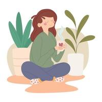 gelukkige vrouw met een kopje koffie zittend rond planten vector