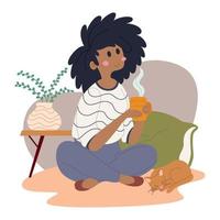 gelukkige afro-amerikaanse vrouw met een koffiekopje schattige kat vector