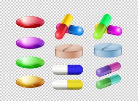 Verschillende kleuren pillen op transparante achtergrond vector