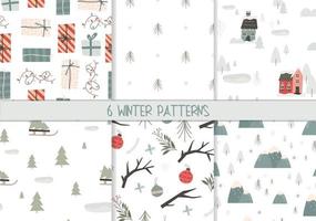 set van schattige winter en kerst naadloze patronen, met de hand getekende platte vectorillustratie. geschenkdozen, bomen, huizen, dorpen en kerstversieringen. eenvoudige Scandinavische patronen met textuur. vector