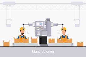 slimme industriële fabriek in een vlakke stijl met arbeiders, robots en assemblagelijnverpakking vector