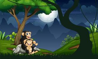 chimpansee moeder met haar baby in het nachtbos vector