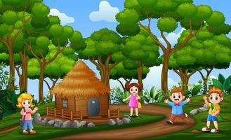 gelukkige kinderen spelen in het landelijke landschap vector