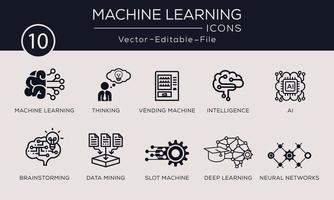 machine learning concept pictogrammen instellen. bevat dergelijke pictogrammen, algoritme, datamining, slimme intelligentie, brainstormen, denken en meer, kan worden gebruikt voor web en apps. vector