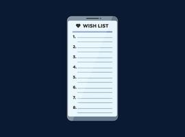 smartphone met verlanglijst-app op het scherm. vector online verlanglijstje mobiele telefoon toepassing illustratie. gebruiker telefoon interface leeg formulier eps ontwerp
