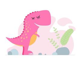 schattige roze dino. soort lachende baby dinosaurus tyrannosaurus. cartoon baby grafisch ontwerp print banner. creatief meisjesachtig t-rex origineel ontwerp. hand tekenen vector eps illustratie