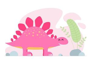 schattige roze dino. soort lachende baby dinosaurus stegosaurus. cartoon baby grafisch ontwerp print banner. creatief meisjesachtig origineel ontwerp. hand tekenen vector eps illustratie