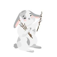 schattig konijntje met pussy willow branch geïsoleerde vectorillustratie. gelukkig Pasen ontwerp. grijs konijn in cartoon-stijl voor baby t-shirt print, print ontwerp, kinderkleding, groet en uitnodigingskaart vector