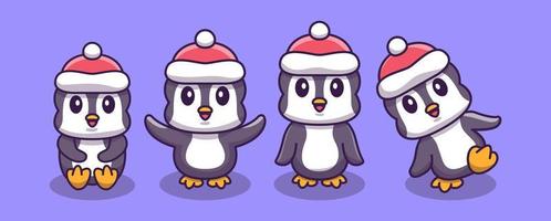 schattige schattige illustratie - set van schattige en schattige gelukkige pinguïn met kerstmuts cartoon kunst illustratie vector