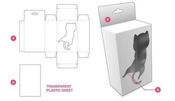 kartonnen hangende doos met kattenbeeldverhaalraam en doorzichtig plastic vel gestanst sjabloon vector