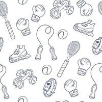 sportuitrusting naadloos patroon. fitness artikelen, racket, bokshandschoenen, sneakers, springtouw, fitness horloge en dumbbells. sport achtergrond in lineaire doodle stijl. vector illustratie