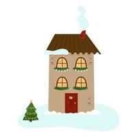 een gezellig winterhuis met twee verdiepingen, versierd met dennenslingers voor de kerst. een feestelijke winterstad. vectorillustratie voor ontwerp, decor, ansichtkaarten vector
