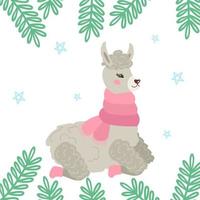 kerstkaart met een schattige grijze lama of alpaca in de winter, zittend in een warme sjaal en vilten laarzen. versierd met sparren takken. gezellige vectorillustratie. vector