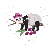 kerstkaart met een slapende pandabeer op een boom. in warme winterkleren, sjaal en sokken. vectorillustratie voor ontwerp en decor, banner vector