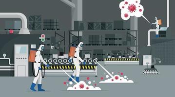 medisch wetenschapper die covid-19 coronaviruscellen in een fabriek schoonmaakt en desinfecteert. vector