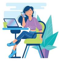 een jong meisje zit aan een tafel en praat aan de telefoon. er staat een laptop op tafel. werk in een kantoor of café. vector