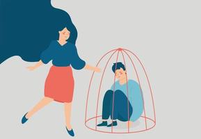 jonge vrouw helpt haar vriend om van depressie af te komen. counselor ondersteunt een persoon met psychische problemen. mentor vrouw geeft om man. concept van revalidatie, drugsverslaving, geestelijke gezondheid. vector