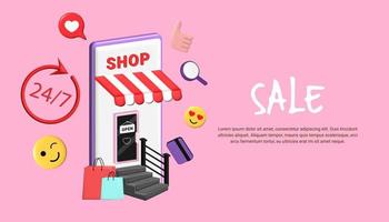 smartphone online winkel, cadeauzakjes, emoticons, hand cool, online betalings- en bezorgconcept, banner, sjabloon, korting, sociale reclame. 3D-vectorillustratie. vector