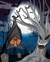 Halloween-nachtscène met een vleermuis die aan een boom hangt vector