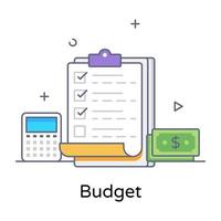 een rekenmachine met een rapport dat het budget kenmerkt in een platte omtrekvector vector
