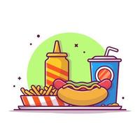 hotdog, frietjes, frisdrank en mosterd cartoon vector pictogram illustratie. voedsel object pictogram concept geïsoleerde premium vector. platte cartoonstijl
