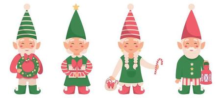 vector set van grappige kerst gnome geïsoleerd op een witte achtergrond. 4 kerstelfen met een krans, een geschenk, lolly's en een lantaarn.
