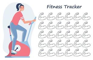 30 dagen sportuitdaging. fitness-tracker. jong meisje fietsen op stationaire fiets. cardiotraining op gymmachine. vector