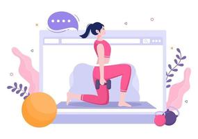 online workoutgymnastiek voor mensen die dumbbells en gewichten trainen, joggen op de loopband, sport, wellness of fitness in een platte posterachtergrondillustratie vector