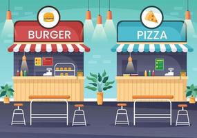 eten in een food court in het midden van een winkelcentrum waar fastfood wordt geserveerd, zoals pizza, hamburgers of taco's in de vorm van een cartoon platte vectorillustratie vector