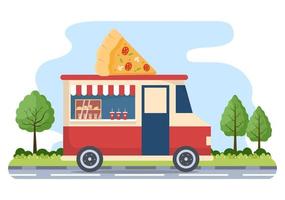 buitenstraat en foodtruck die fastfood serveert, zoals pizza, hamburger, hotdog of taco's in een platte cartoonachtergrondposterillustratie vector