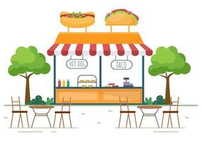 mensen die buiten eten op straat en fastfood serveren zoals pizza, hamburger, hotdog of taco's in een platte cartoonachtergrondposterillustratie vector