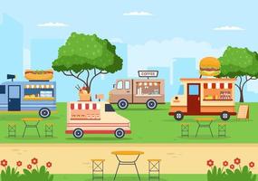 buitenstraat en foodtruck die fastfood serveert, zoals pizza, hamburger, hotdog of taco's in een platte cartoonachtergrondposterillustratie vector