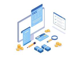 belastingvorm van staatsoverheidsbelasting met formulieren, kalender, audit, rekenmachine of analyse tot boekhouding en betaling in platte achtergrondillustratie vector
